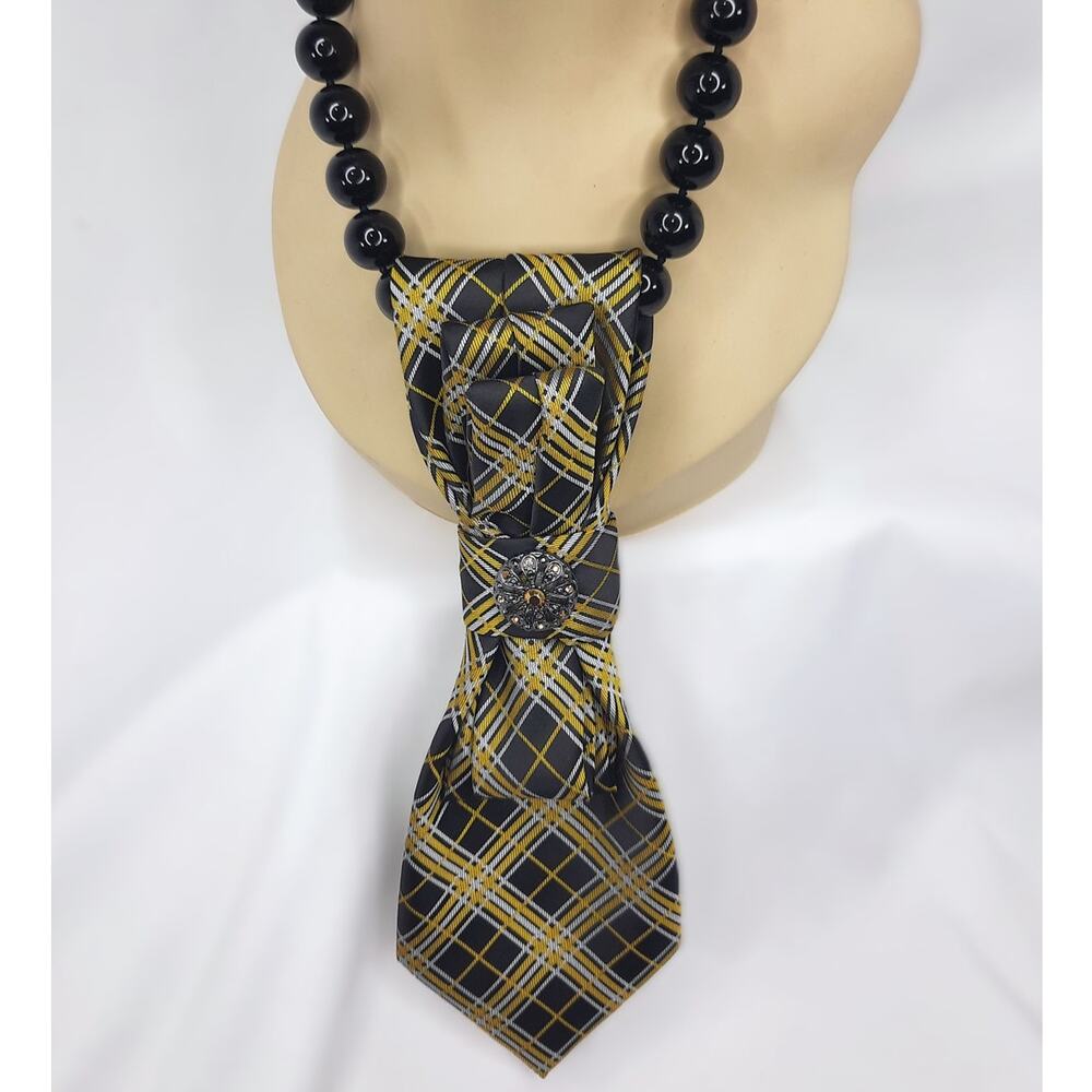 Artisan Vintage Tie Necklace Jardine Black Yellow Stripe Pendant Chunky Beaded